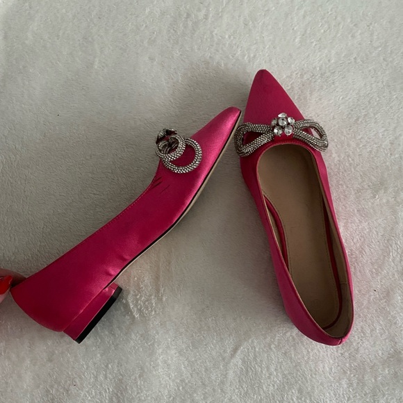 Pink pointed toe ballet flat slip on micro heel shoes rhinestone bow detail - Picture 4 of 13